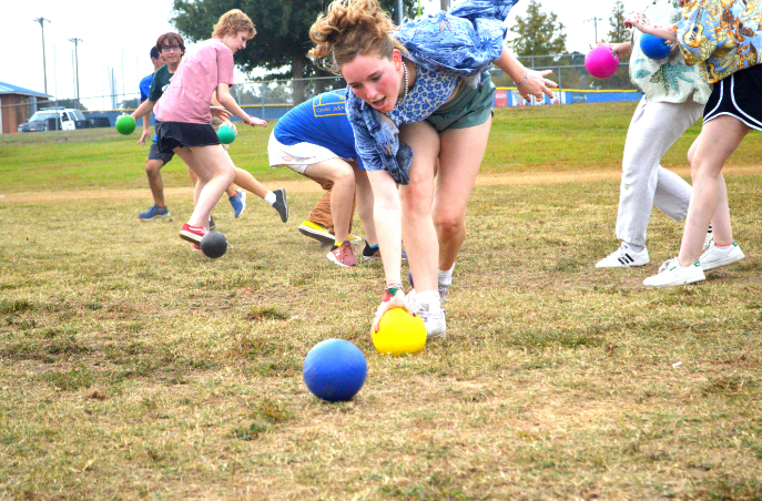 Play ball... Sunny Bedford goes for a ball in a tense game of dodge ball.  Photo by Abigail Dasinger.