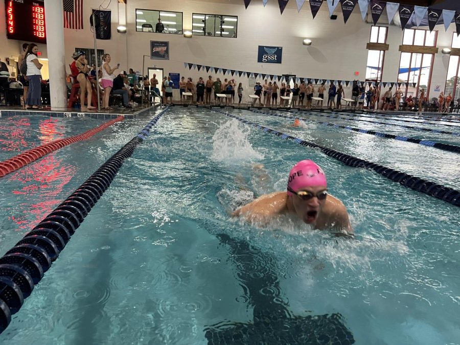 In his stride... Huff Friedman competes in the breaststroke at the Gulf Shores swim meet. Submitted photo. 
