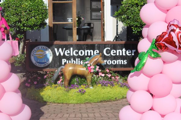 The City of Fairhope Welcome Center, decorated and ready for women to come by and get some goodies, hosted Girls Night Out. The turn out exceeded expectations  with many women showing up and having a great time. “There were so many women having such a great time, and bringing many women together,” Delamore said. Photo by Abbie Butler

