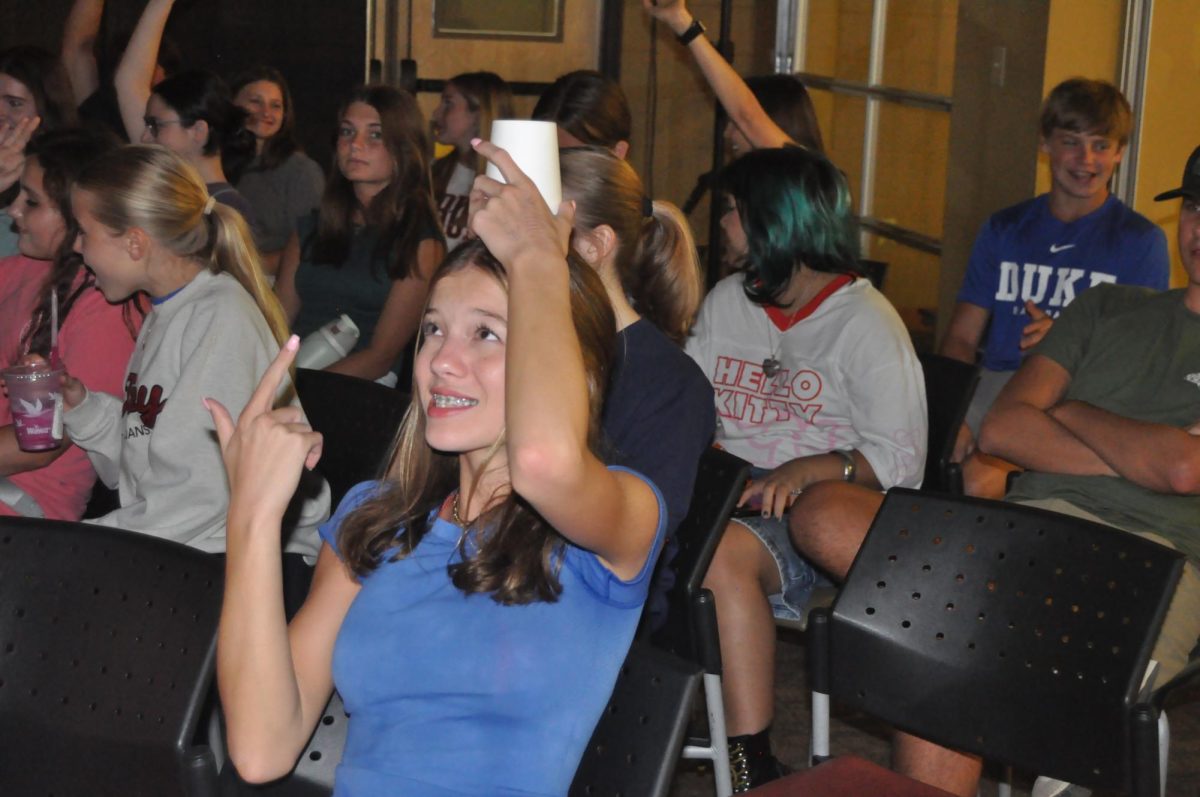 Where’d my cup go?... Freshman Lucy Martin pretends to lose her cup while waiting for the weekly game. Martin proceeded to miraculously find her cup on top of her head. Who would’ve guessed?!