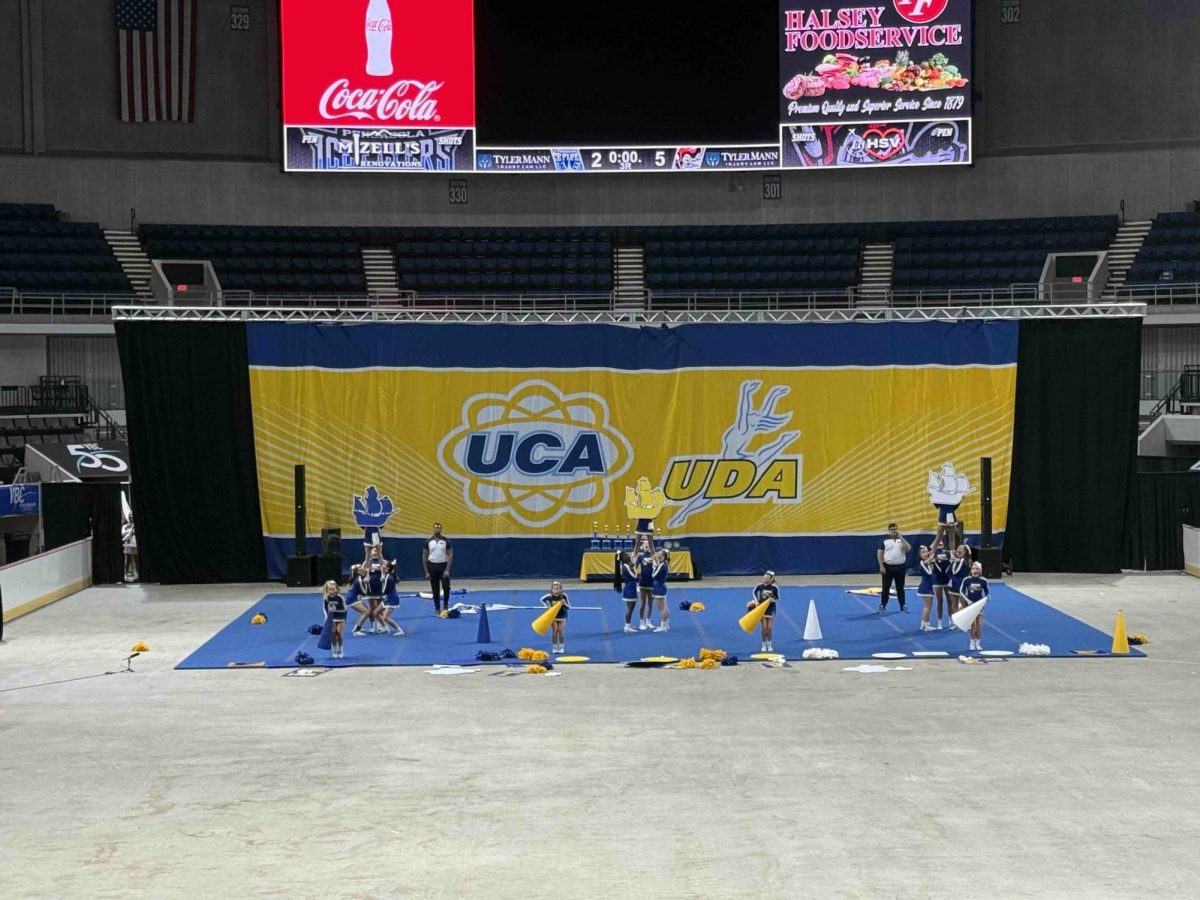 Set sail…The team showcases the cheer section of their routine. Searcy and other choreographers made the choreography gimmick and Pirate-themed. “I love just being there, seeing all the teams, and especially competing our routine,” Hattaway said. (Halle Smith)