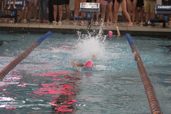 First things first…Junior Tatum Calsrund swims the freestyle during the medley relay. Her team came in first with a time of 2:18.91. (Sydney Melanson)
