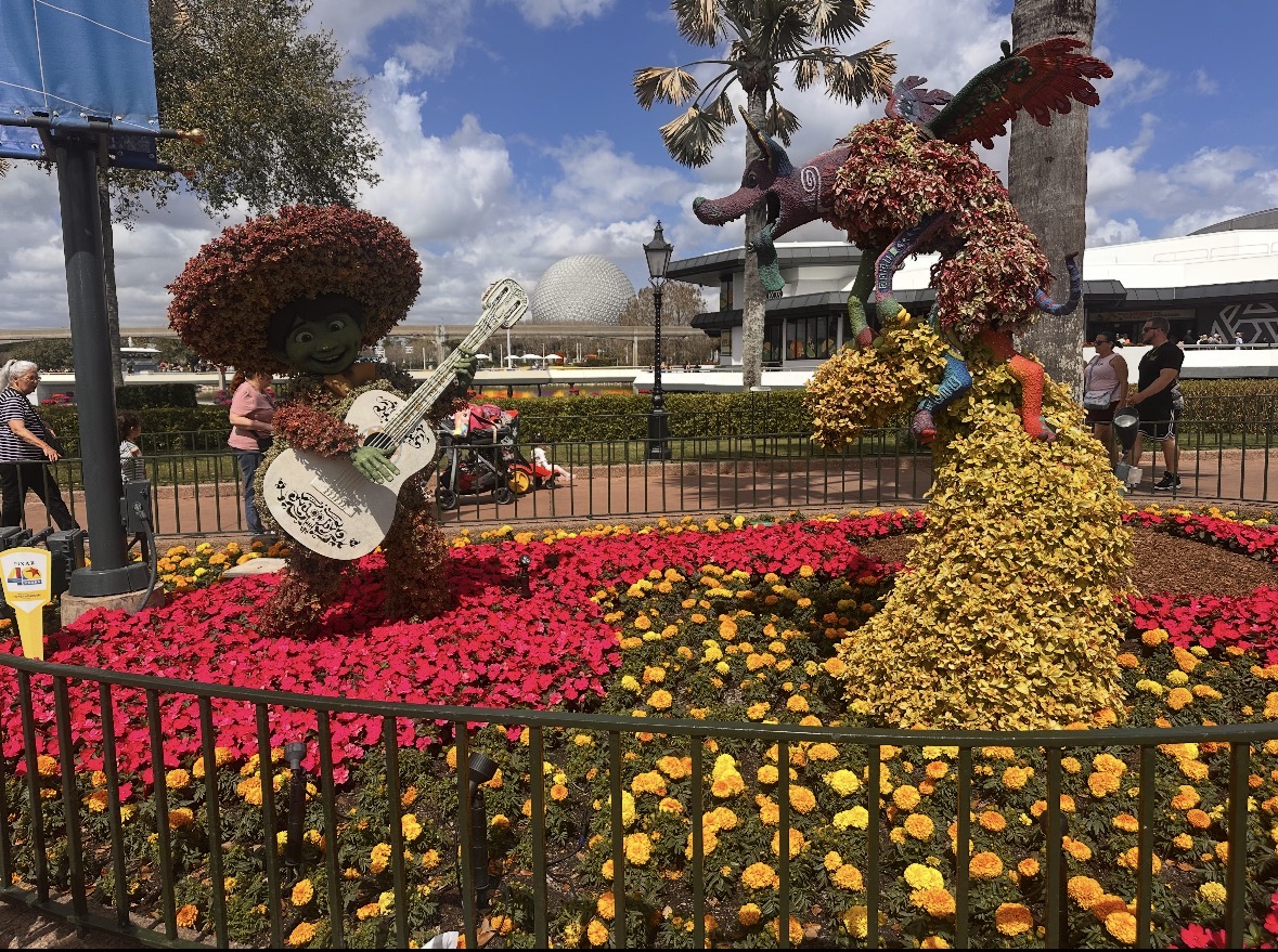 Remember Me…Miguel and Dante the dog from Coco smile at the entrance to the Mexico Pavilion. The festival featured over 60 Disney characters topiaries. 